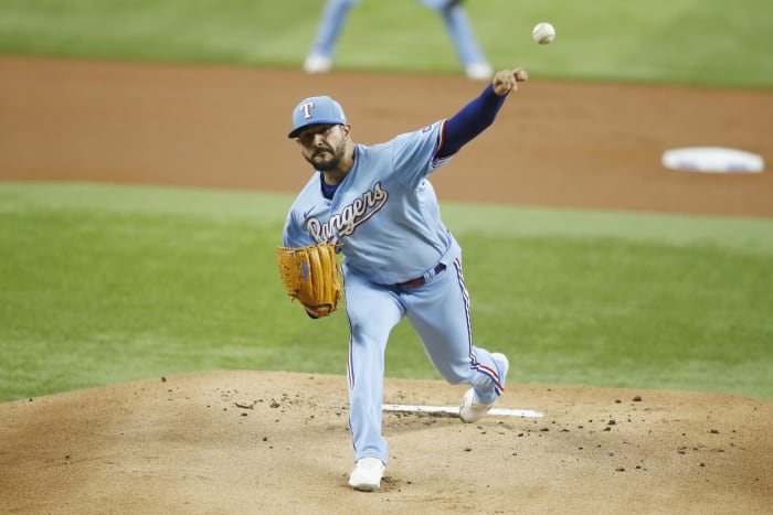 May 15, 2022; Arlington, Texas, USA; Texas Rangers starting pitcher Martin Perez #54 throws a pitch in the first inning against the Boston Red Sox at Globe Life Field.